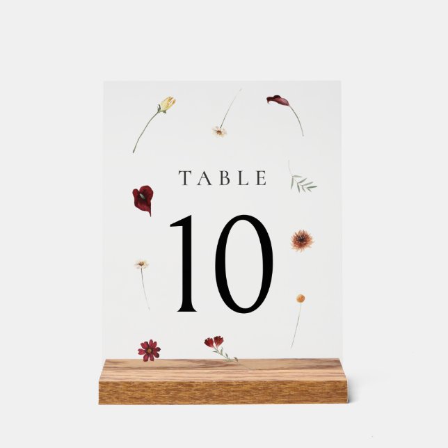 Elegant Fall Wildflower Wedding Table Number #10 Acrylic Sign (Front)