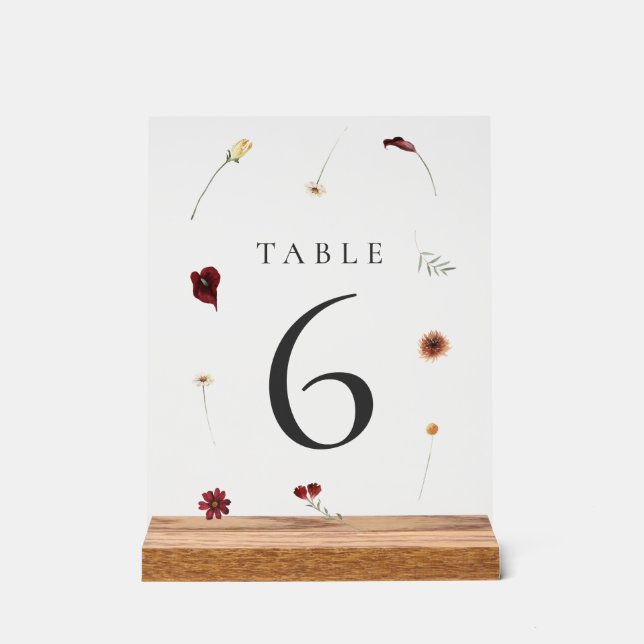 Elegant Fall Wildflower Wedding Table Number #6 Acrylic Sign (Front)