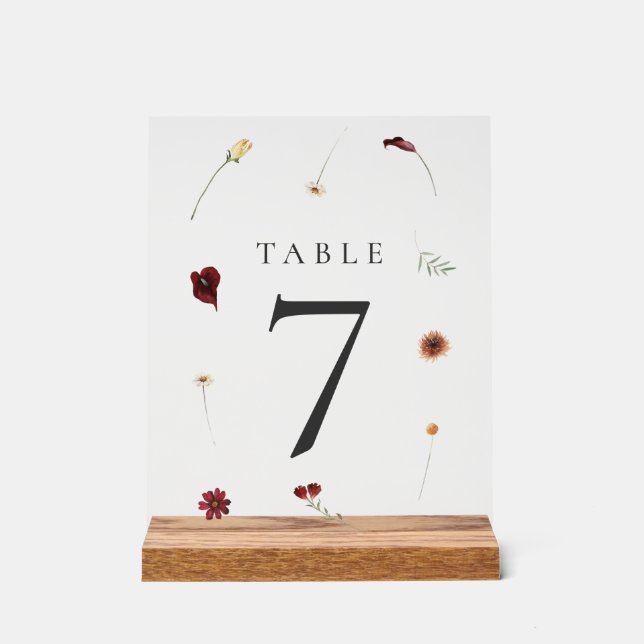 Elegant Fall Wildflower Wedding Table Number #7 Acrylic Sign (Front)