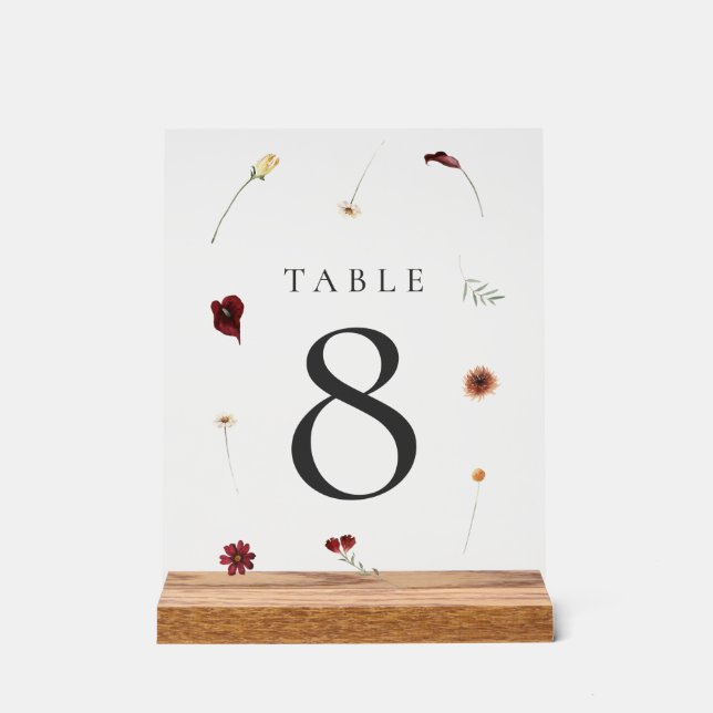 Elegant Fall Wildflower Wedding Table Number #8 Acrylic Sign (Front)