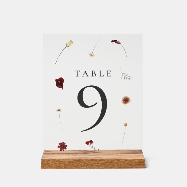 Elegant Fall Wildflower Wedding Table Number #9 Acrylic Sign (Front)