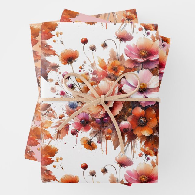 Elegant Fall Wildflowers Brown Bouquet Boho Wrapping Paper Sheet (In situ)