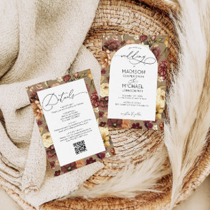 Elegant Fall Wildflowers Floral QR Code Wedding Invitation