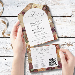Elegant Fall Wildflowers Floral QR Photo Wedding  All In One Invitation