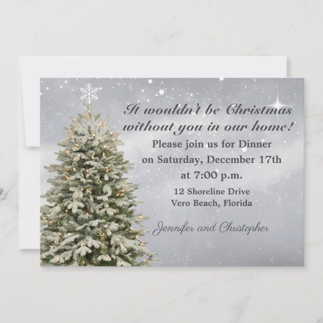 Elegant Falling Snow Christmas Dinner Invitation (Front)