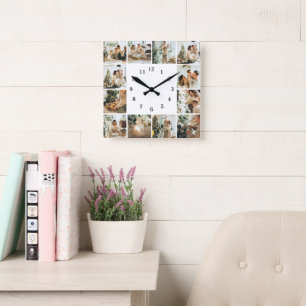Elegant Family 12 Photo Collage White Keepsake Square Wall Clock
