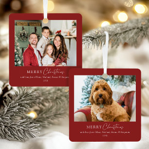 Elegant Family 2 Photos Deep Red Merry Christmas Metal Tree Decoration