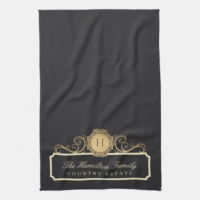 Elegant Family Home Monogram Charcoal Kitchen Tea Towel (Vertical)
