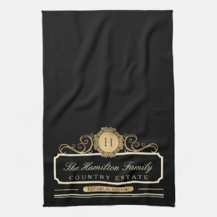 Elegant Family Home Monogram Gold Black Kitchen Tea Towel