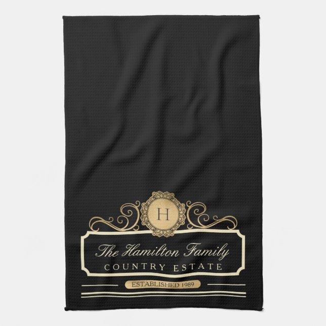 Elegant Family Home Monogram Gold Black Kitchen Tea Towel (Vertical)