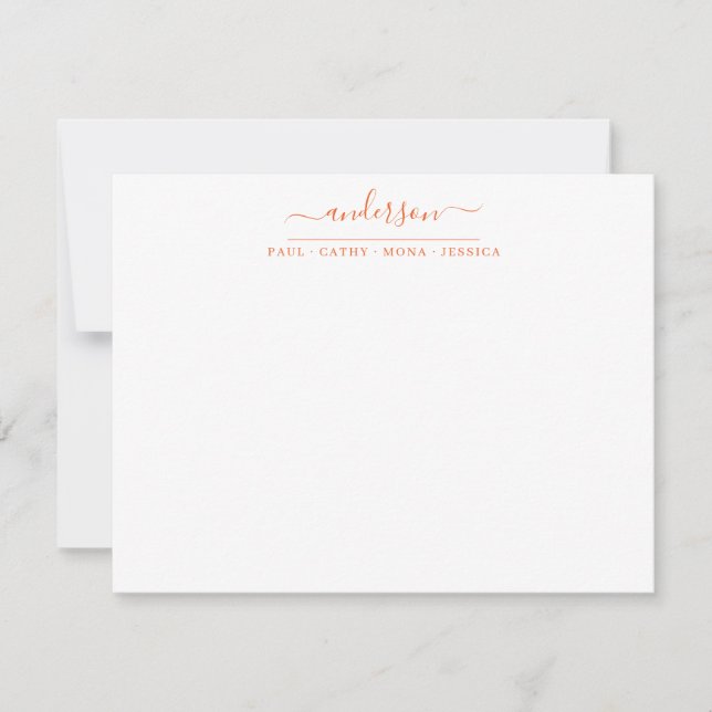 Elegant Family Last Name Orange Script Calligraphy Card (Front)
