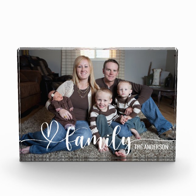 Elegant Family Love White Script Custom Horizontal Photo Block (Front)