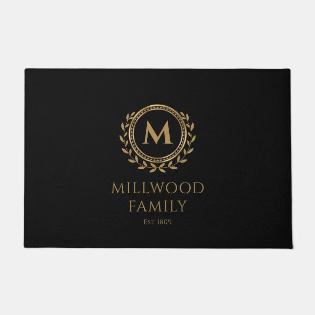 Elegant Family Monogram Name Gold Black Doormat (Front)
