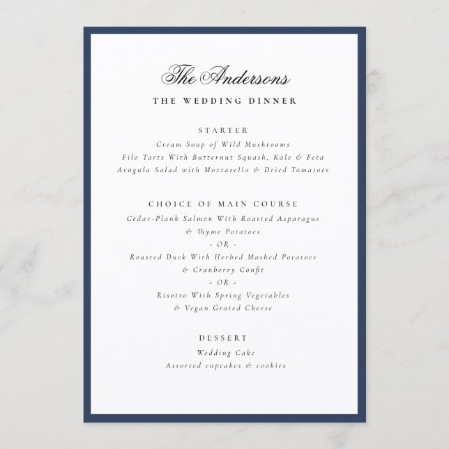 Elegant Family Name Blue Frame Wedding Dinner Menu (Front)
