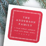 Elegant family name border red return address square sticker<br><div class="desc">Elegant,  red or custom colour return address labels featuring your family name in an elegant serif font and the return address below surrounded by a double border.</div>