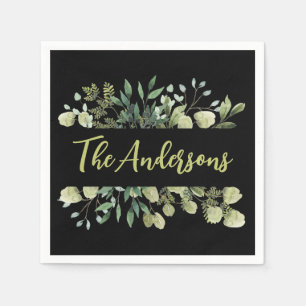 Elegant family name botanical leaves bunch black napkin