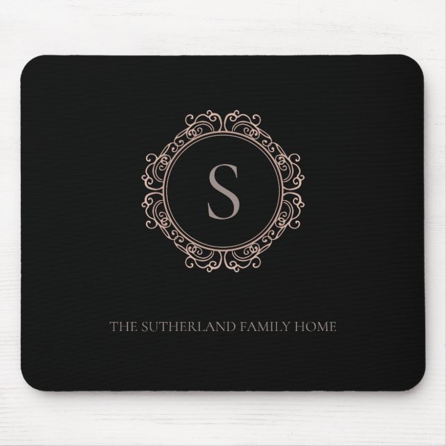 Elegant Family Name Monogram Black Mouse Mat (Front)