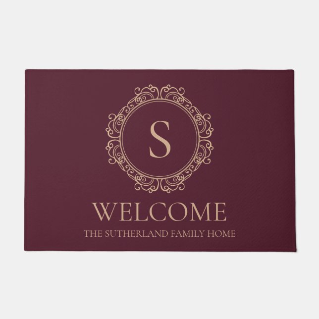 Elegant Family Name Monogram Burgundy Welcome Doormat (Front)