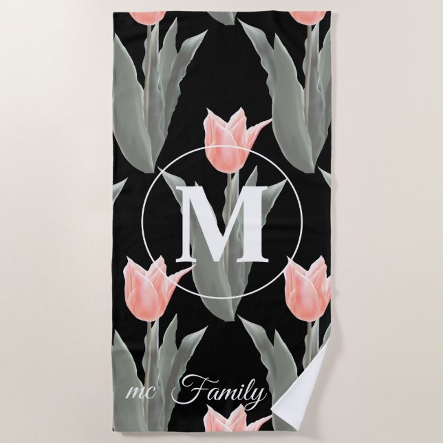 Elegant Family Name Monogram Peach Tulips Painting Beach Towel (Front)