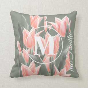 Elegant Family Name Monogram Peach Tulips Painting Cushion