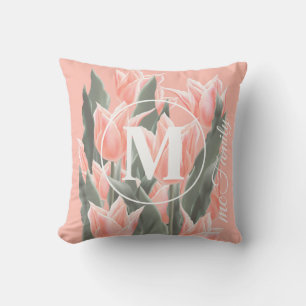 Elegant Family Name Monogram Peach Tulips Painting Cushion