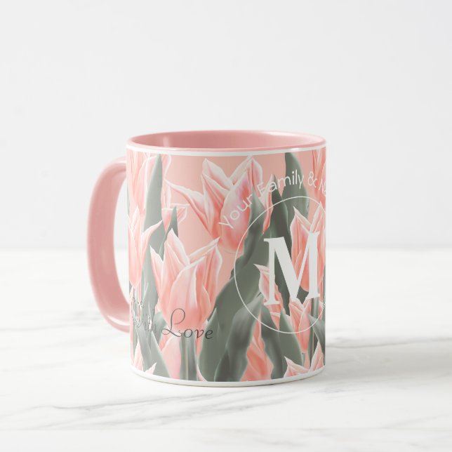 Elegant Family Name Monogram Peach Tulips Painting Mug (Front Left)
