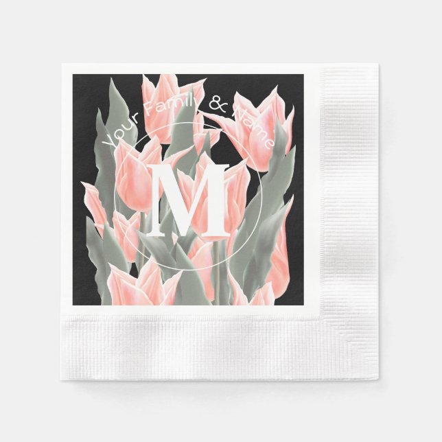Elegant Family Name Monogram Peach Tulips Painting Napkin (Front)