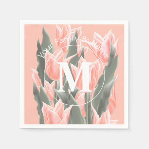 Elegant Family Name Monogram Peach Tulips Painting Napkin