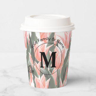 Elegant Family Name Monogram Peach Tulips Painting Paper Cups