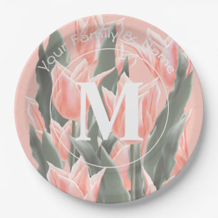 Elegant Family Name Monogram Peach Tulips Painting Paper Plate