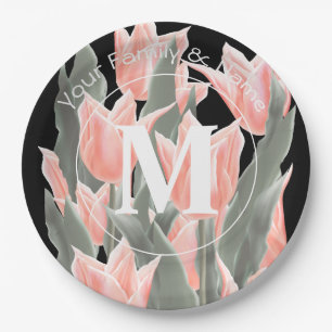 Elegant Family Name Monogram Peach Tulips Painting Paper Plate