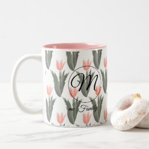 Elegant Family Name Monogram Peach Tulips Painting Two-Tone Coffee Mug