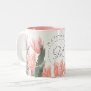 Elegant Family Name Monogram Peach Tulips Painting Two-Tone Coffee Mug