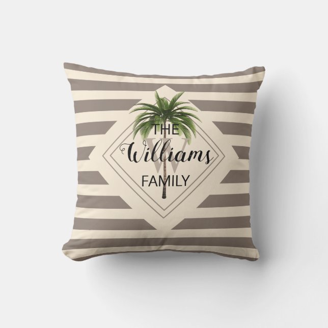 Elegant Family Name Tropical Palm Tree Beige Cushion (Front)
