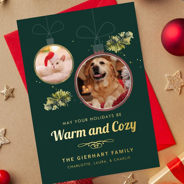 Elegant Family Pet Photos Christmas Gold Foil Holiday Card (Christmas Pet Photos Warm and Cozy Green Greetings Gold Foil Card)