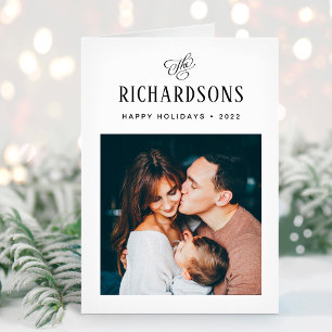 Elegant Family Photo and Name   Happy Holidays Holiday Card