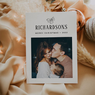 Elegant Family Photo and Name   Merry Christmas Holiday Card