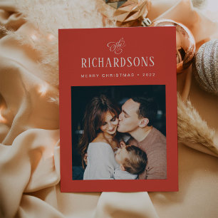 Elegant Family Photo and Name   Merry Christmas Holiday Card