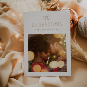 Elegant Family Photo and Name   Warm Wishes Foil Holiday Card