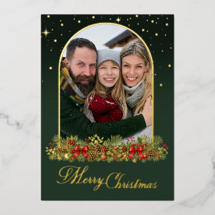 Elegant Family Photo Arch Vintage Merry Christmas Foil Holiday Card