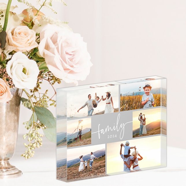 Elegant Family Photo Block (Gray and White Elegant Calligraphy Script Family Photo Collage Photo Block by Simply Said)