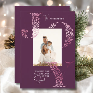 Elegant Family Photo Christmas Joy Floral Pink Holiday Card