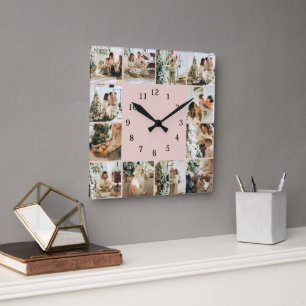 Elegant Family Photo Collage Blush Pink Keepsake Square Wall Clock