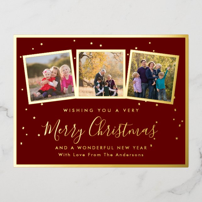 Elegant Family Photo Collage Merry Christmas Red Foil Holiday Postcard (Front)