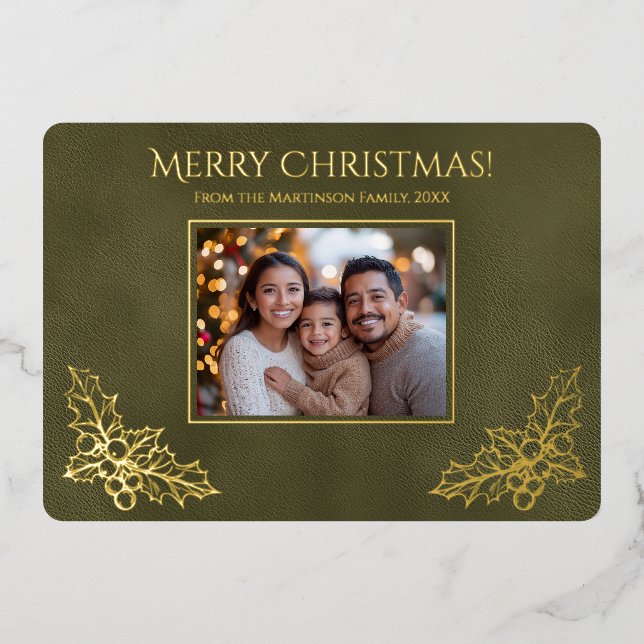Elegant Family Photo Green Holly Foil Holiday Card (Front)