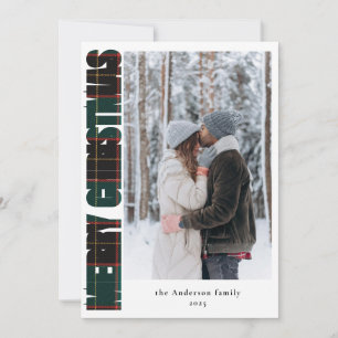Elegant Family Photo Green Plaid Merry Christmas Holiday Card