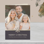 Elegant Family Photo Merry Christmas Card<br><div class="desc">Elevate your holiday greetings with our Elegant Family Photo Merry Christmas Card. The front showcases your beloved family photo, adorned with a brushed champagne design element that adds a touch of sophistication. The light interior boasts a snowflake and the heartfelt message, "Merry Christmas, " followed by "Sending you joy and...</div>