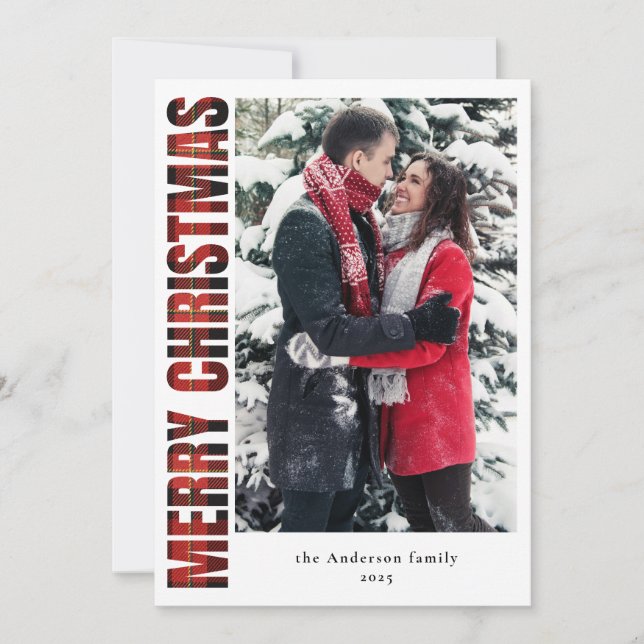 Elegant Family Photo Red Plaid Merry Christmas Holiday Card (Front)