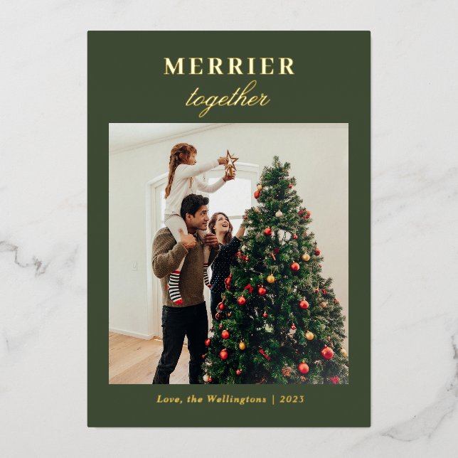 Elegant Family Photo Script Merry Christmas Gold Foil Holiday Card (Front)