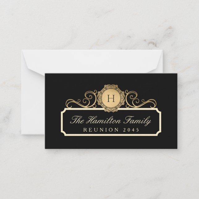 Elegant Family Reunion Gold Monogram Black Card (Front)